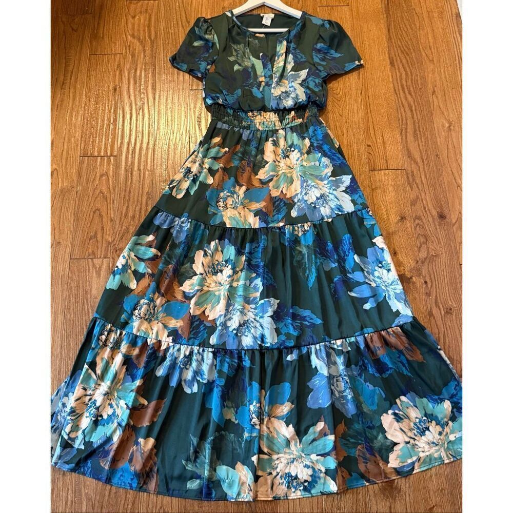 Nicole Mille floral satin look smocked waist ruffle sleeve maxi dress small - Picture 8 of 13